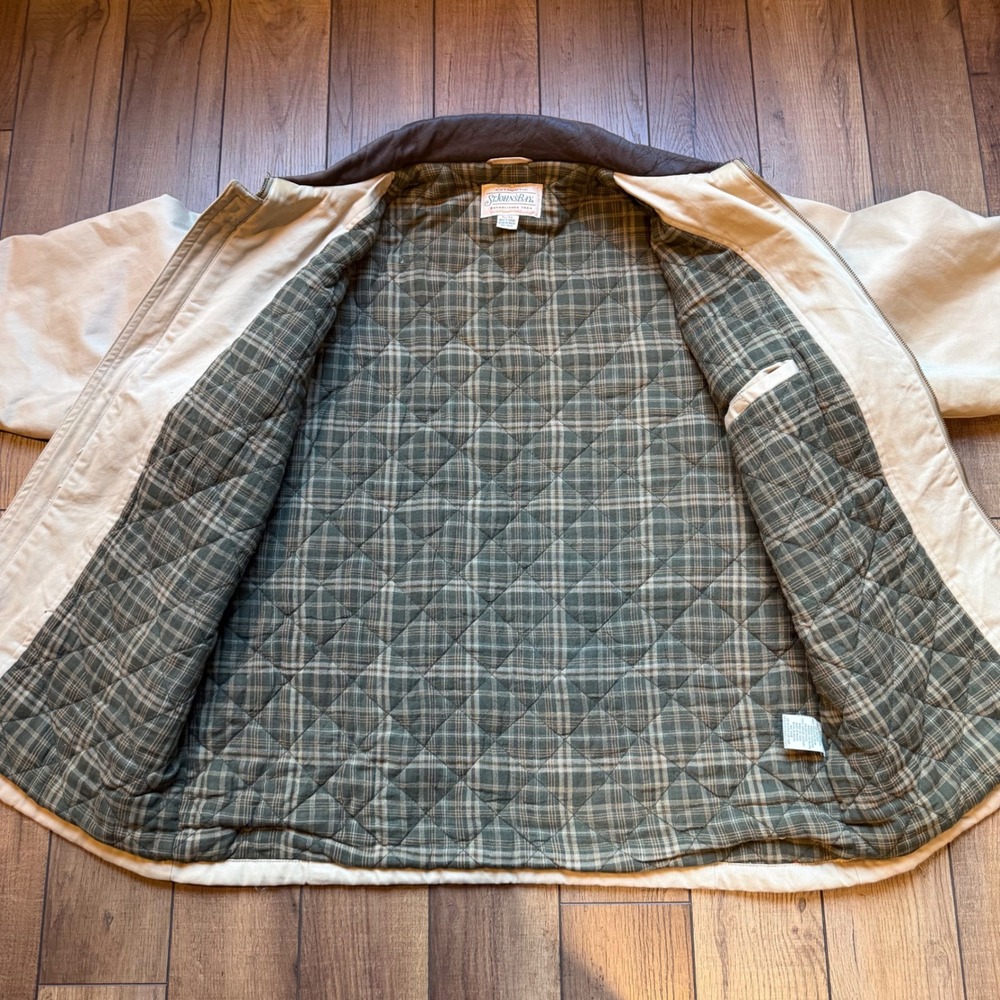 Vintage St Johns Bay Canvas Work Jacket Mens XL Tan Leather Collar Quilted Plaid - Picture 6 of 9
